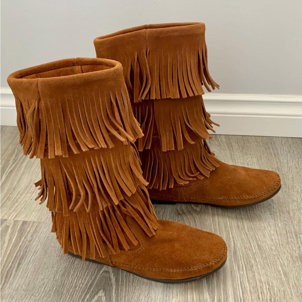 Minnetonka Fringe Moccasin Boots - Tan